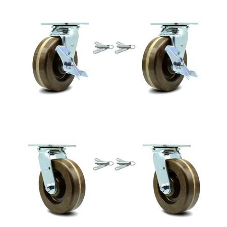 Service Caster 6 Inch High Temp Phenolic Caster Set with Roller Bearings 4 Swivel Lock 2 Brake SCC-30CS620-PHRHT-TLB-BSL-2-BSL-2